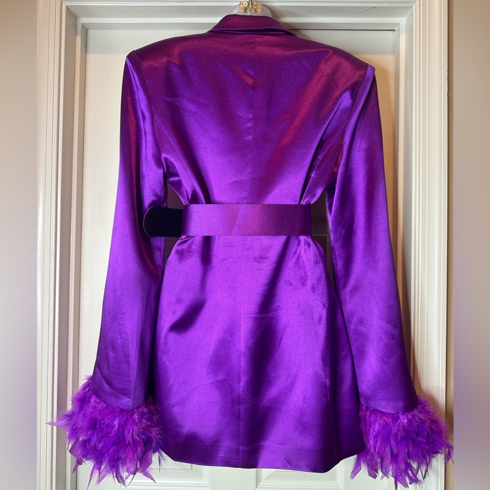 Bronx and Banco Odessa Feather-Cuff Belted Blazer in Purple - Picture 8 of 10